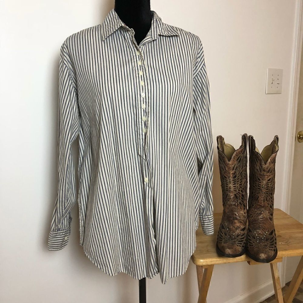 Dockers Blouse Button Down Blue Tan Striped Button Cuffs Collared Medium - Picture 3 of 5